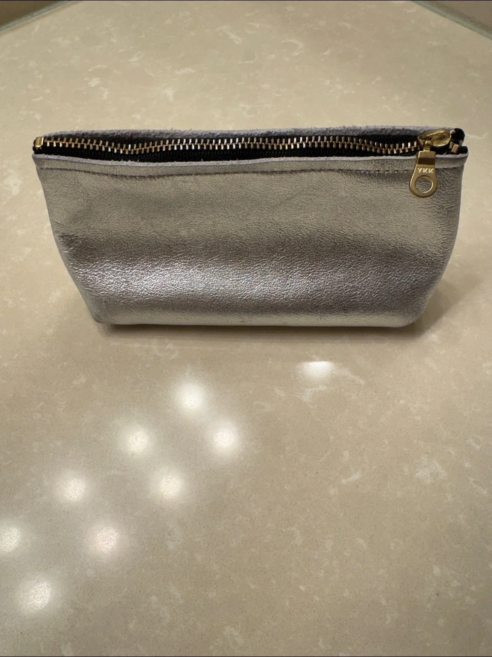 Silver Leather Cosmetic Pouch with Turquoise and Brown Stripes